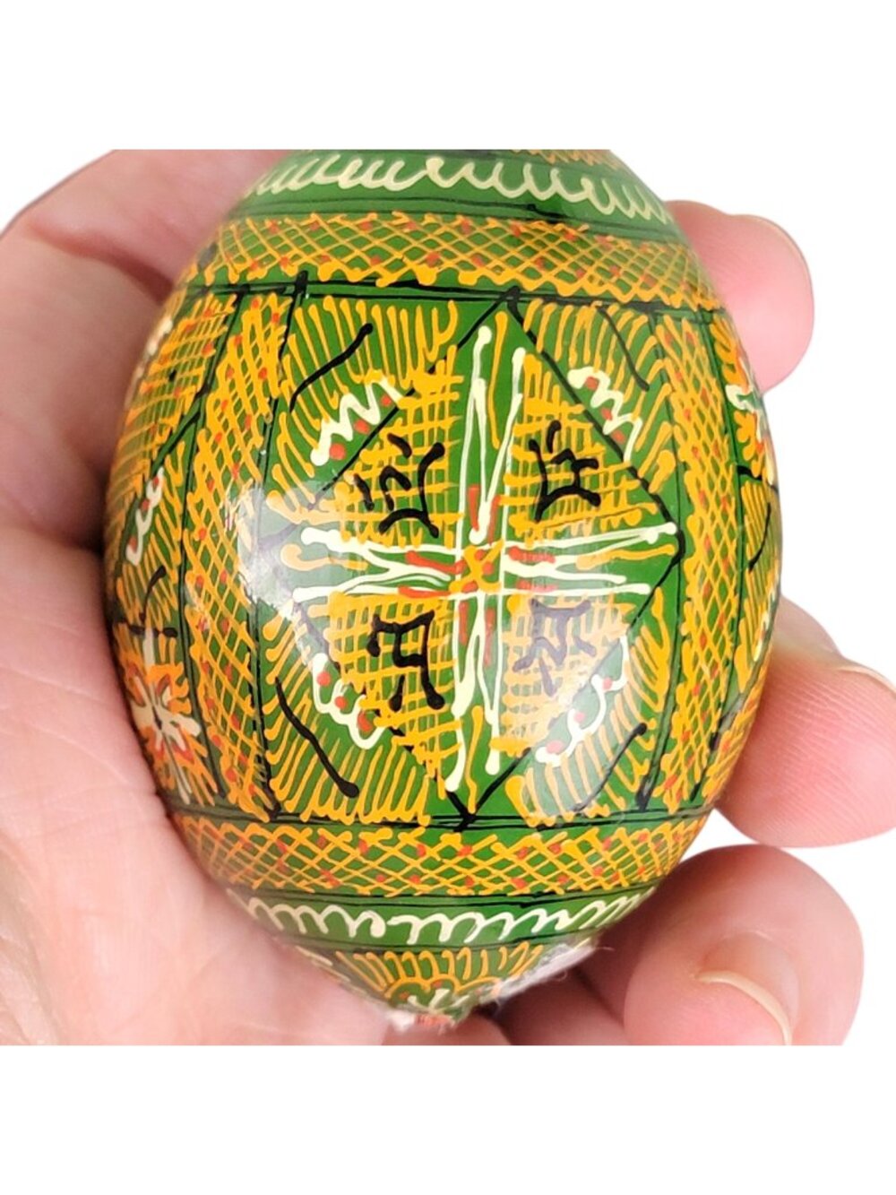 Vintage 90s Ukrainian Wooden Painted Egg Green Orange Black Pysanky Wood Home